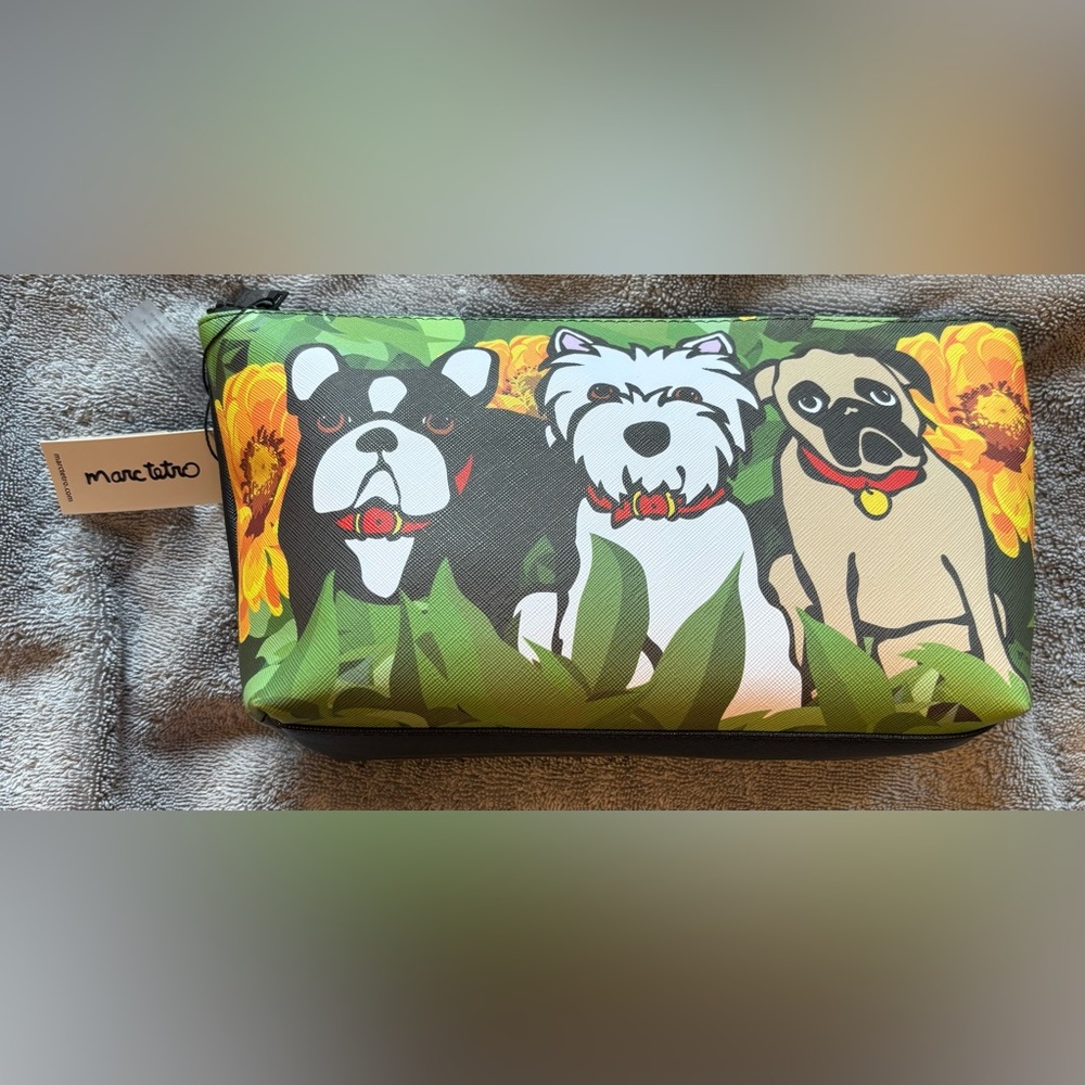 NWT Marc Tetro Dog & Sunflower Print Cosmetic Makeup Bag Pouch - Picture 2 of 6